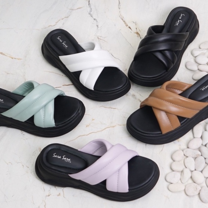 SARASARA YUK - NAGITA Sandal Wanita Wedges Silang Tinggi 5cm Size 36 - 40 Casual Sendal Cewek Platform 37 38 39 untuk Jalan Pergi Santai Slop Warna Putih White Rumahan Selop Rumah Premium Original Sara Sara Kekinian Terbaru Shoes ORI Mall Official Store