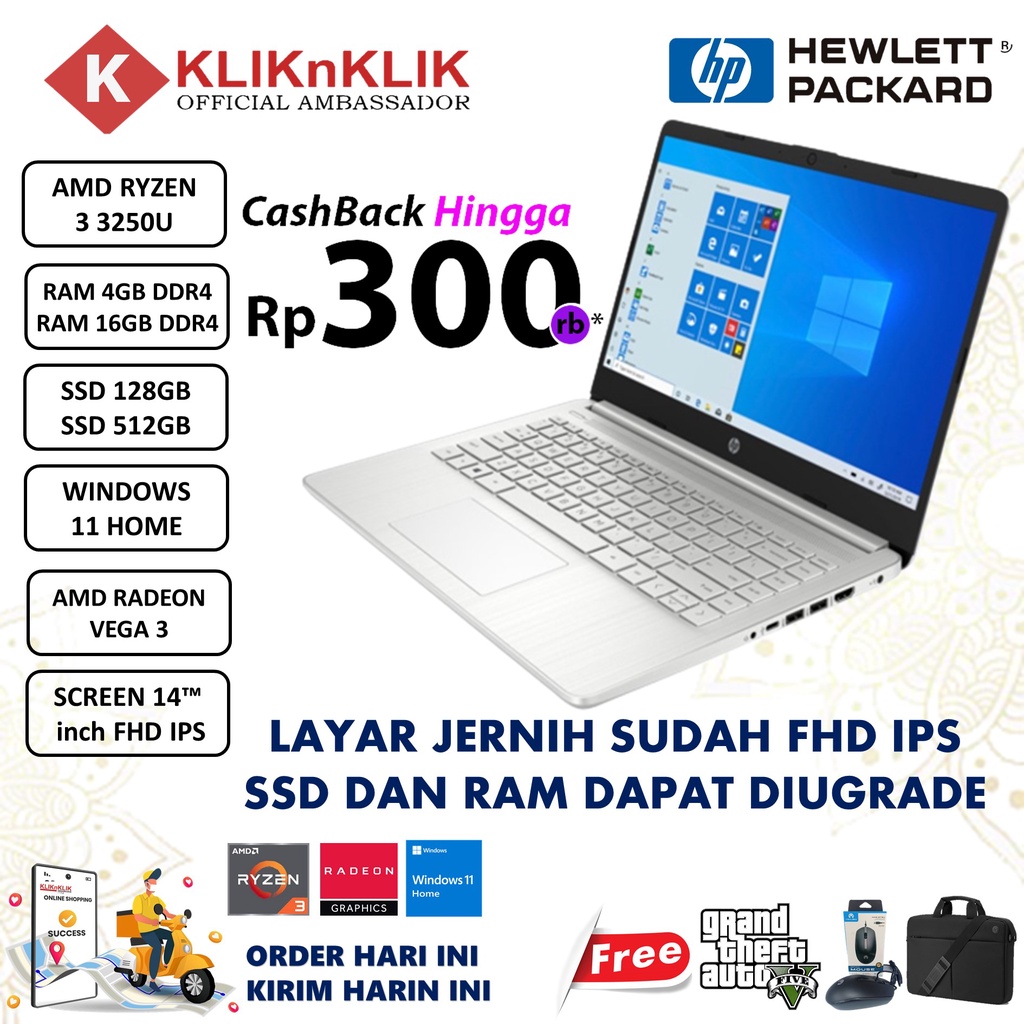 PROMO Laptop Gaming Baru Murah HP 14 AMD RYZEN 3 3250U Radeon Windows 11