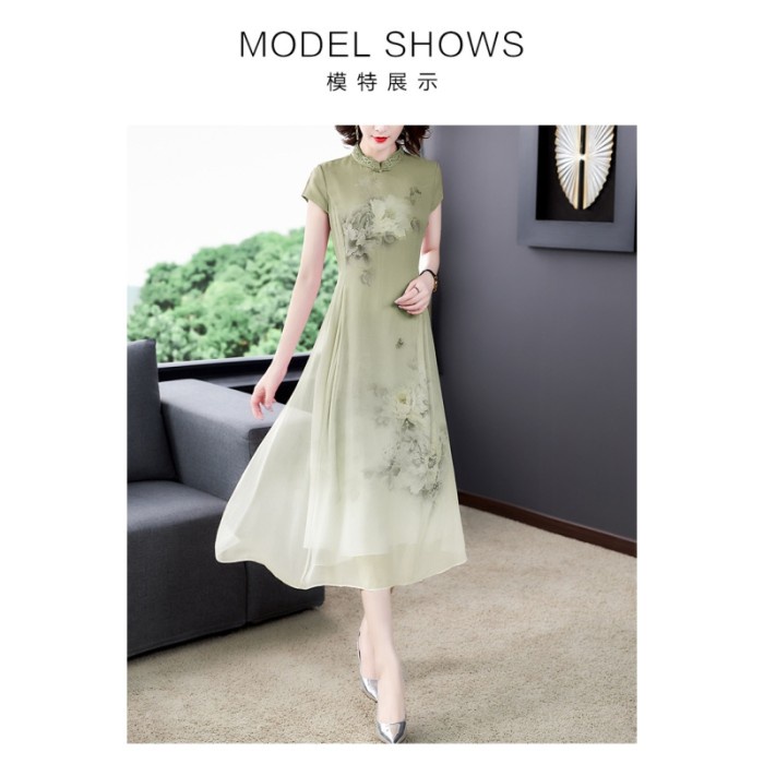 dress cheongsam wanita warna hijau motif bunga cantik sifon Korea leng