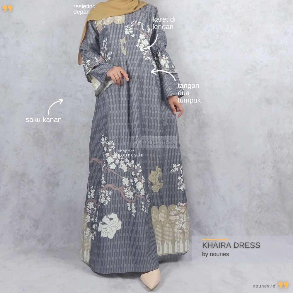 Nounes Khaira Dress Gamis Wanita Matt Maxmara Lux Motif Bunga Busui Friendly size L LD 104