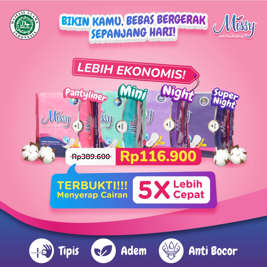 Paket Hemat Pembalut MISSY (PANTYLINER, MINI, NIGHT, SUPER NIGHT) | Pembalut dan Pantyliner HERBAL Kesehatan  Wanita | Non Wings dan Wings | Perawatan Miss V Menstrual Pad Menstruasi | Anti Bacterial Jamur Virus | Anti Bocor