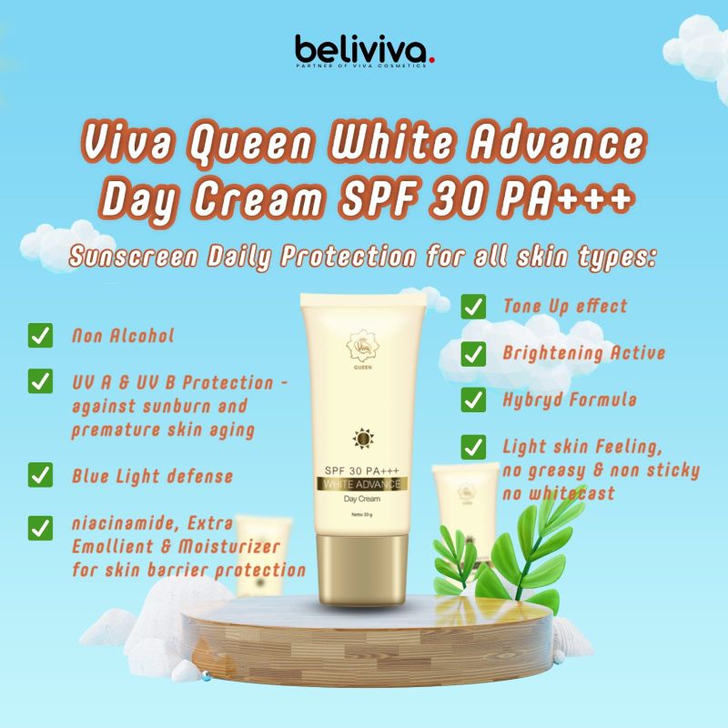 Day Cream Hybrid Sunscreen SPF 30 PA+++ Viva Queen White Advance Krim Pagi Siang