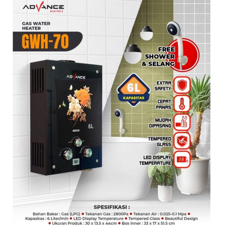 Advance GWH-70 Water Heater Gas 6 Liter Digital Free Shower