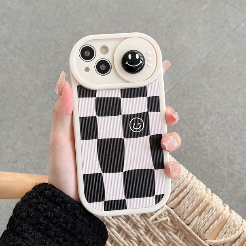 IPHONE Jendela Sliding Hitam Putih Wajah Tersenyum Casing Handphone Untuk Iphone14 13 12 11 Pro Max 14Plus All Inclusive Lensa Kartun Casing Pelindung