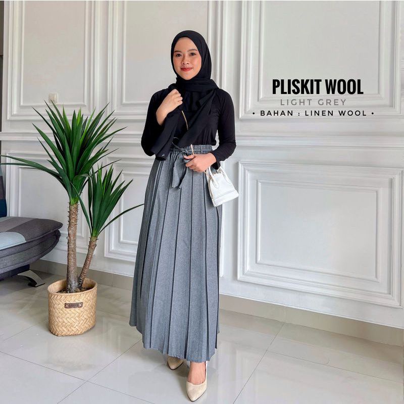 Rok Plisket Semi Wol -Rok Kerja Wanita Formal Model Rempel - Rok Terda Skirt Wood