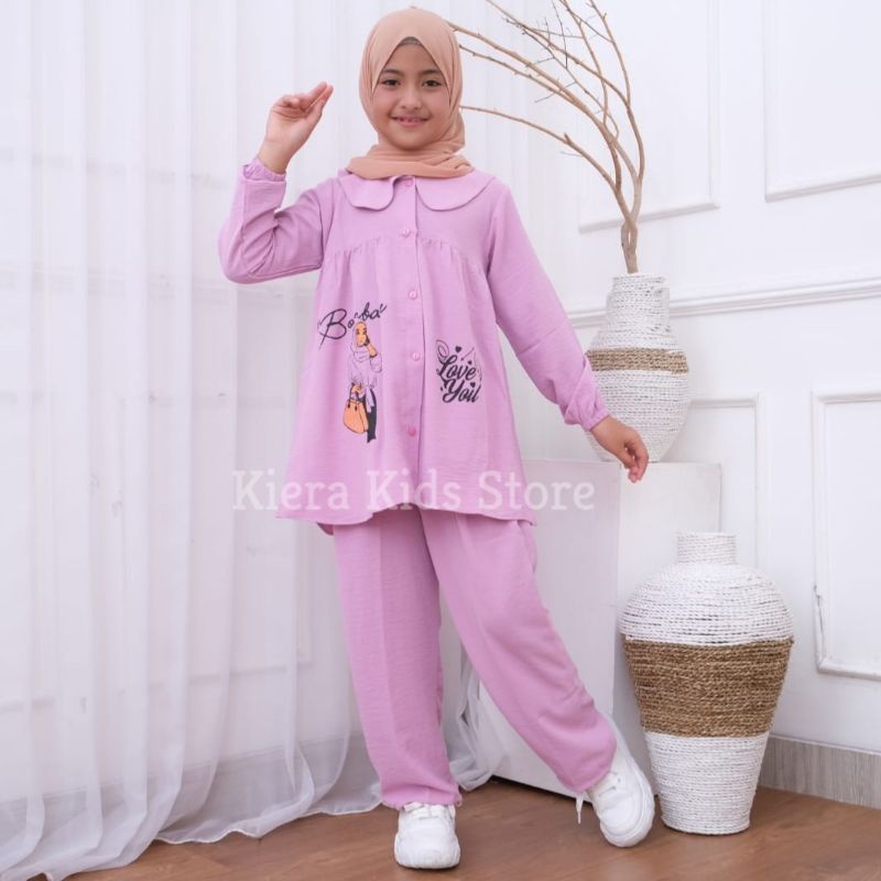 Setelan Anak Perempuan Bahan Crinkle Premium Airflo Motif Gambar Usia 3-12 Tahun