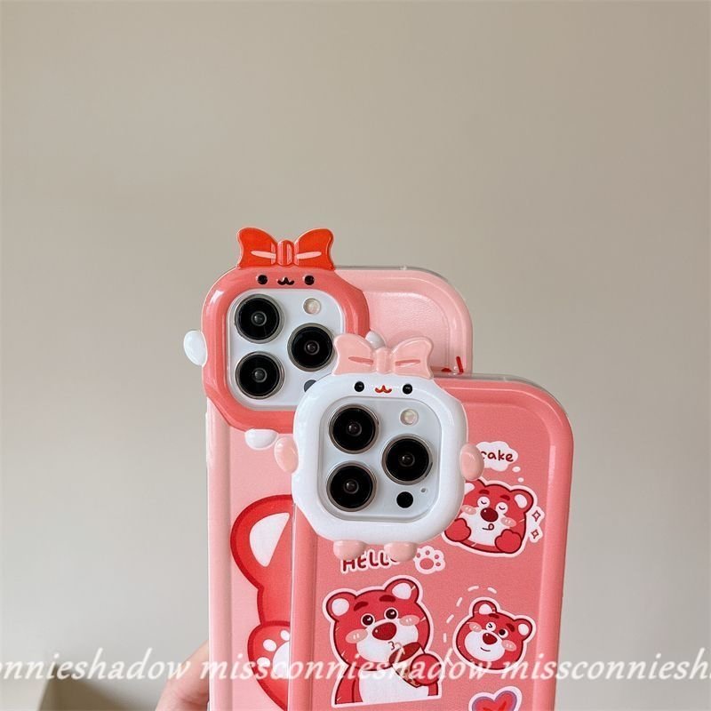 Case Compatible Untuk iPhone 11 Pro Max8 7 6s 6 Plus XR 14 13 12 Pro Max14 Plus X XS Max SE 2020 Kartun Sweet Strawberry Bear Manyo Cute 3D Bow-knot Little Monster Lens Soft Cover