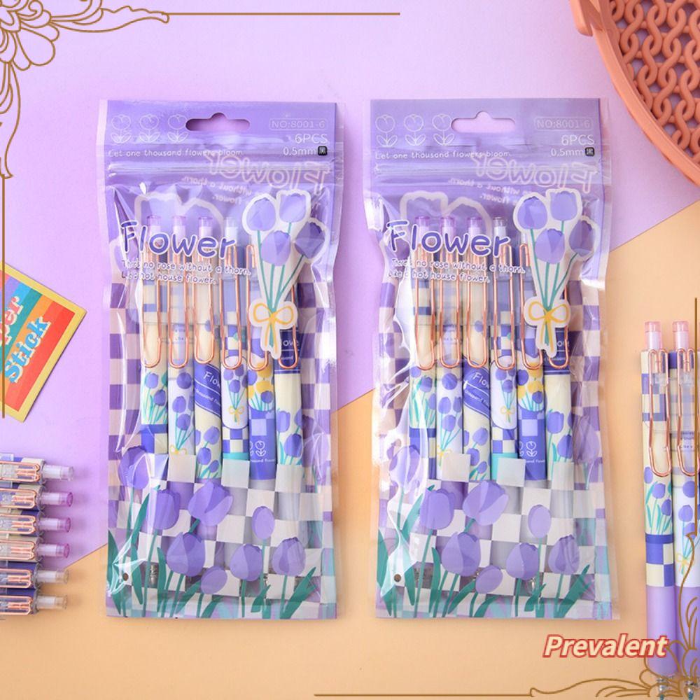 Preva 6PCS/Set Pena Gel Alat Tulis Kreatif Gaya Mutil Dengan Klip Tinta Hitam Tulip Tekan Tipe Tanda Tangan Pen