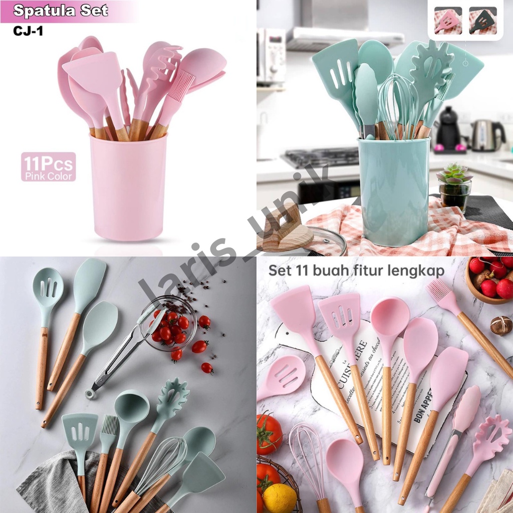 TERMURAH CJ-1 Silikon Spatula Silicone gagang kayu Sodet Alat Masak Set 12pcs Spatula Steak Clip Set Oil Brush Kitchen Cooking