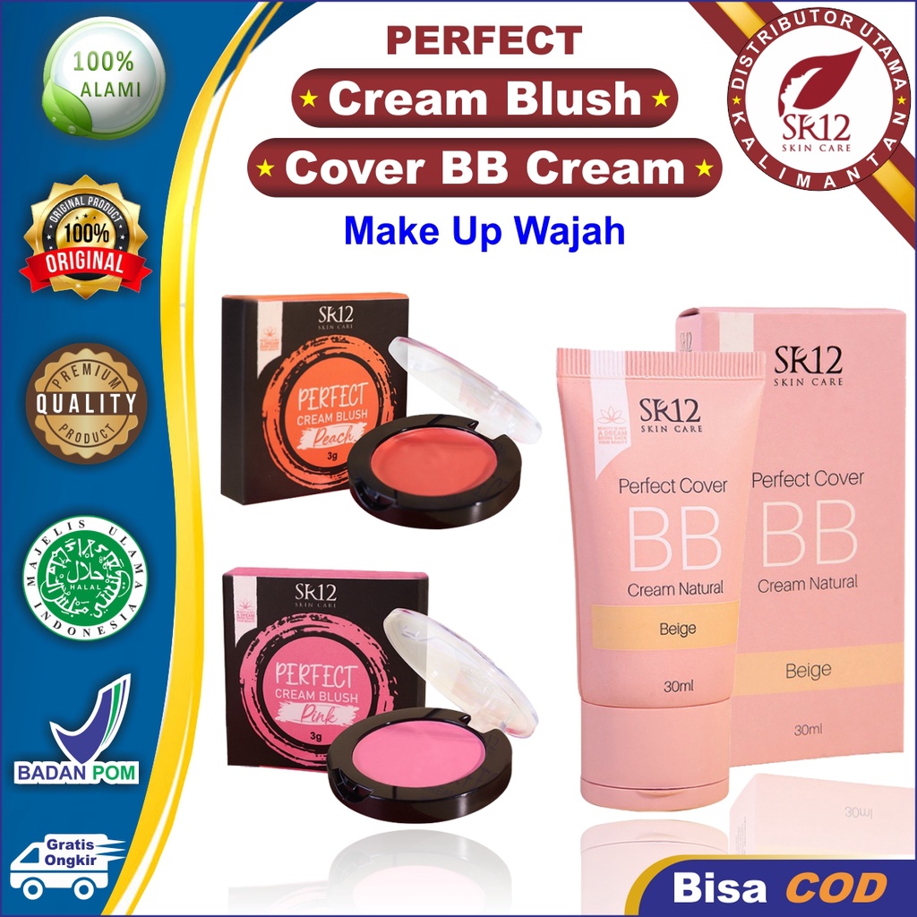 SR12 Perfect Cream Blush &amp; Perfect BB Cream Natural Beige / Make Up Blush On Cream / Perona Pipi / Pemerah Pipi Alami / Pigmented / Awet &amp; Tahan Lama / SR12 Herbal Skincare / Kosmetik SR12 / Natural Look / Base Make Up / Liquid Foundation / SR12