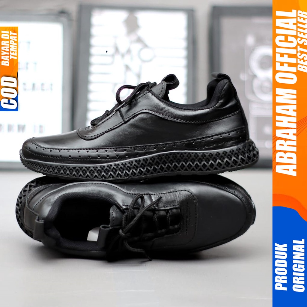 Sepatu Pantopel Kerja Formal Kulit Asli Full Hitam Casual Pria Abraham Blosom