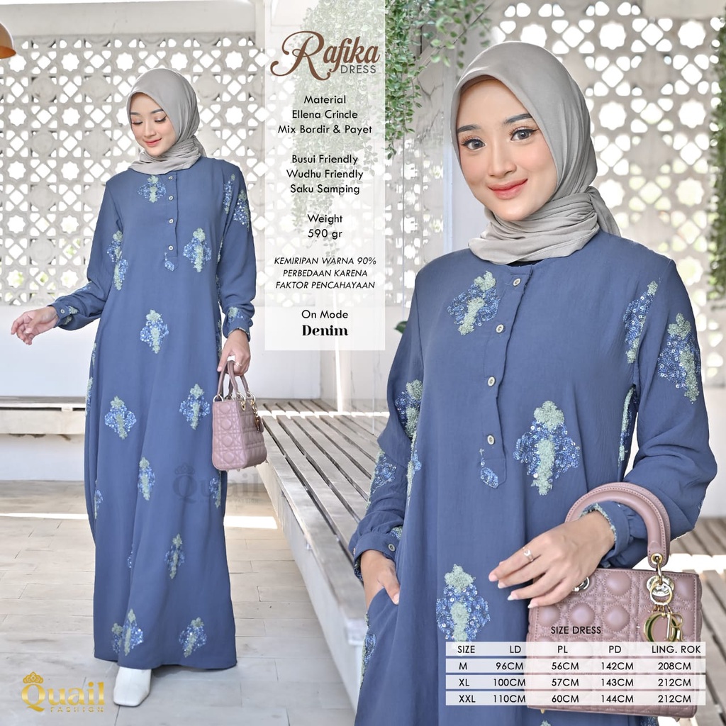 Rafika Dress Original Quail Hijab Wanita Ellena Crinkle Mix Bordir Payet