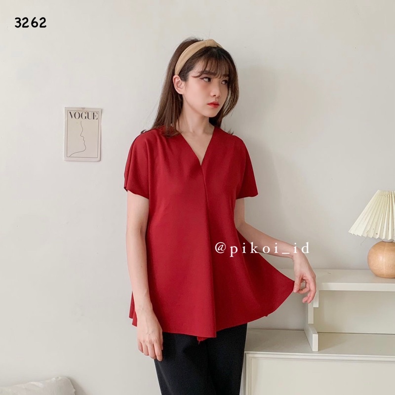 Atasan wanita merah imlek / baju natal v neck merah / blouse wanita lengan pendek merah / 3262