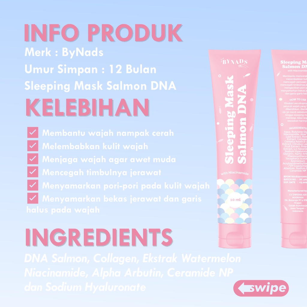 ✨Up Your Look✨ ByNads salmon DNA Sleeping mask moisturizer pelembab wajah masker bekas jerawat anti aging flek hitam