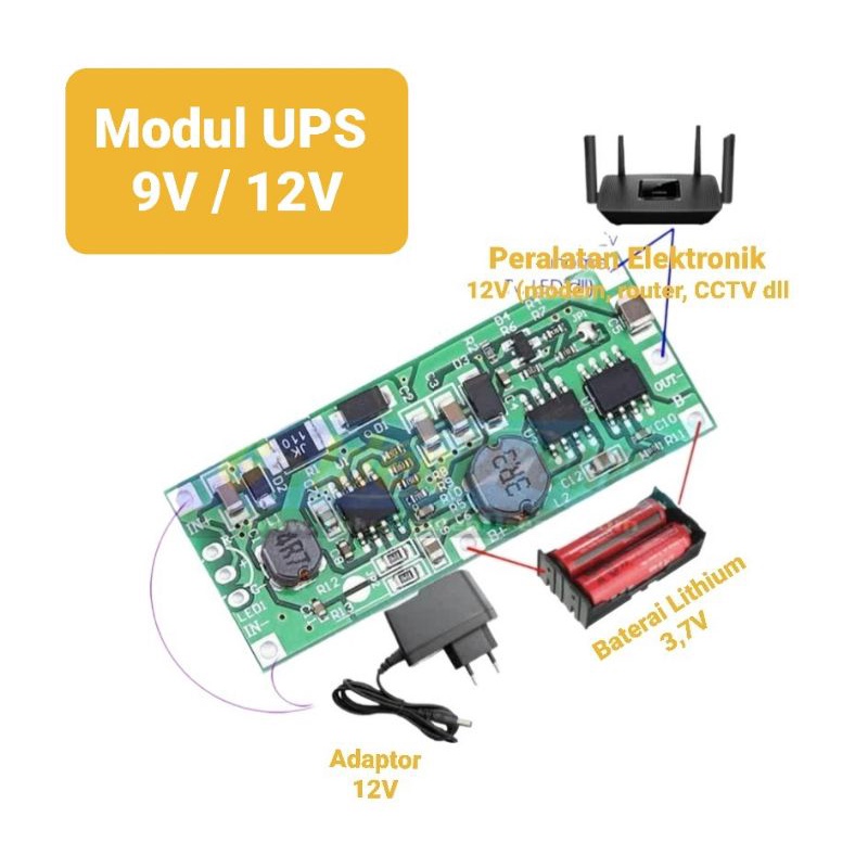 Modul rangkaian UPS 9v dan 12V DC Baterai Li ion lithium 18650 sebagai Power supply emergency ketika