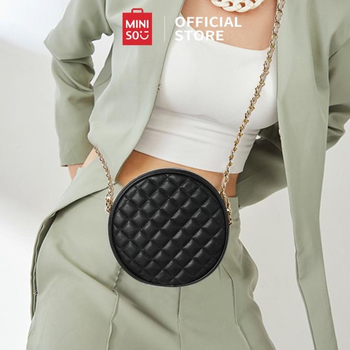 MINISO Tas Selempang Bulat Pola Kisi Berlian tas rantai Tas Messenger