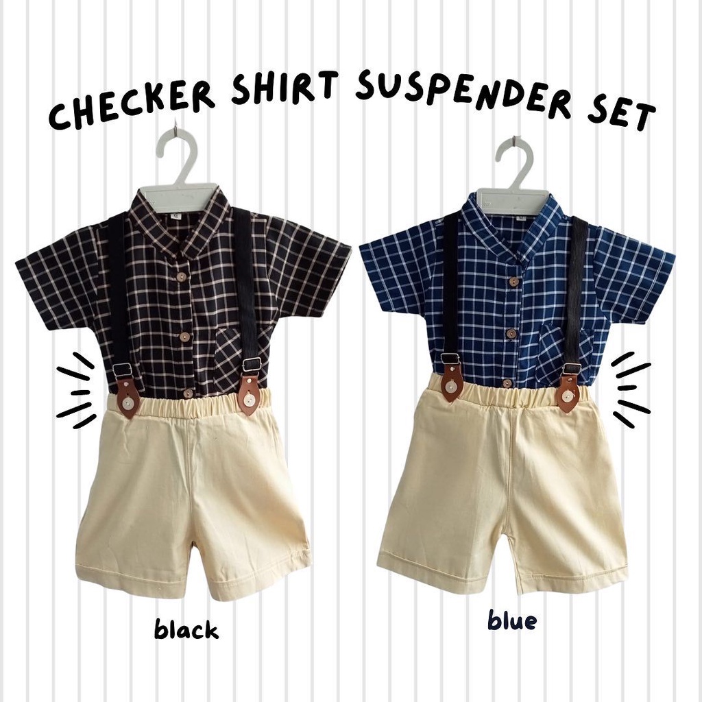 GROSIR  checker SUSPENDER SHIRT SET