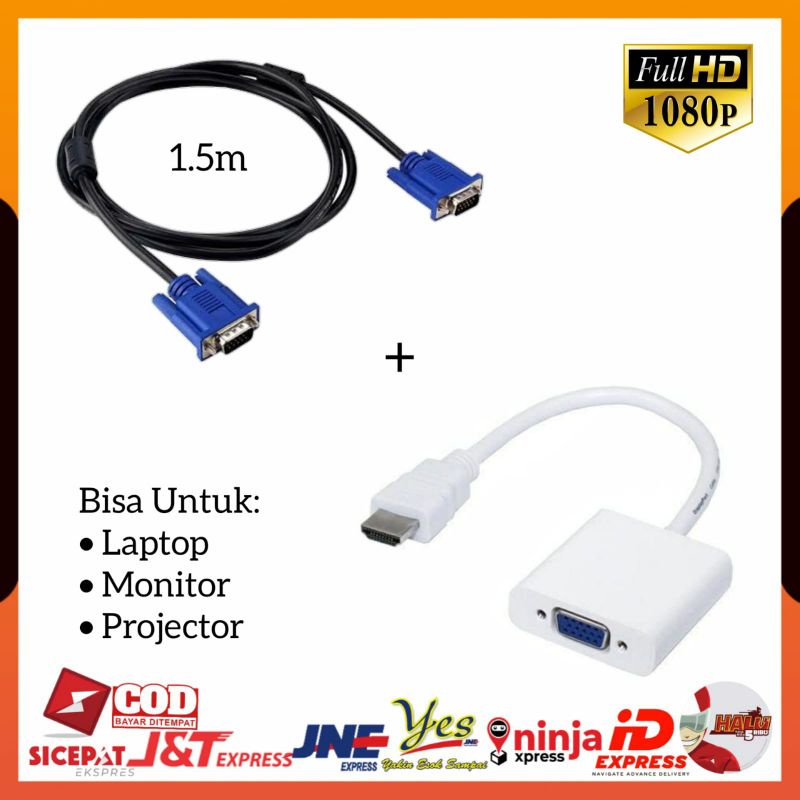 (COD) KABEL VGA TO VGA DIGITAL MALE TO MALE 1.5 METER + ADAPTER KONEKTOR CONVERTER HDMII MALE TO VGA FEMALE / DARI LAPTOP KE PROYEKTOR INFOCUS MONITOR