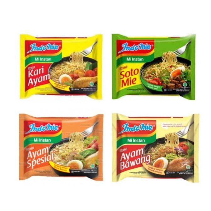 

Indomie Mie Instant / Goreng / Soto / Ayam Bawang / Kari /Ayam Spesial