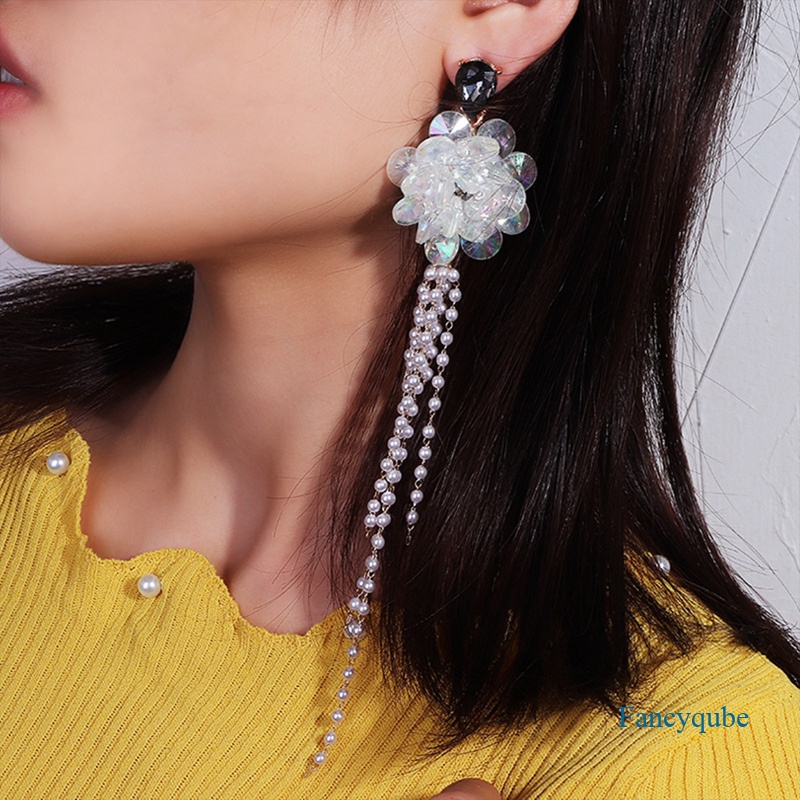 Fancyqube Geometris Ganda Mutiara Berlian Imitasi Anting Untuk Wanita Bijoux Golden Panjang Rumbai Menjuntai Earrings Statement Jewelry