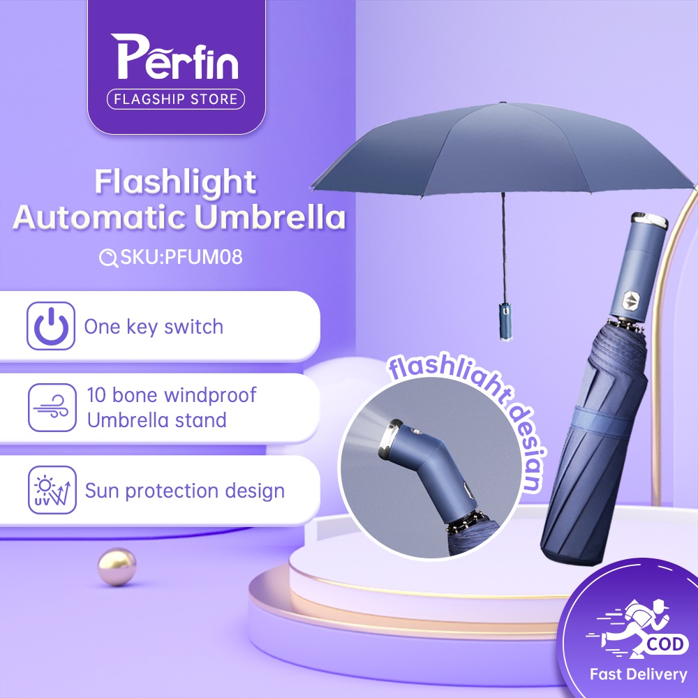 Perfin PFUM01 Payung Lipat Otomatis UV Payung Senter LED 96CM