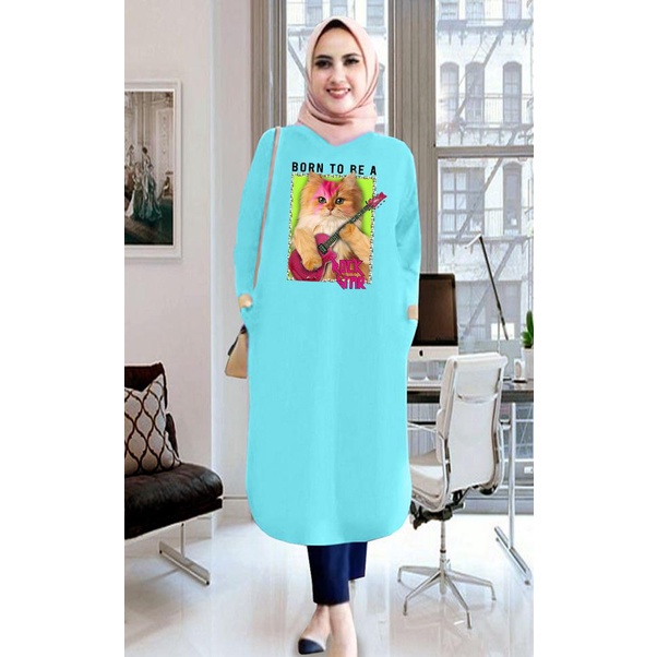 Tunik wanita DTF KUCING GITAR/ tunik murah / tunik kekinian / tunik panjang / tunik import / tunik jumbo