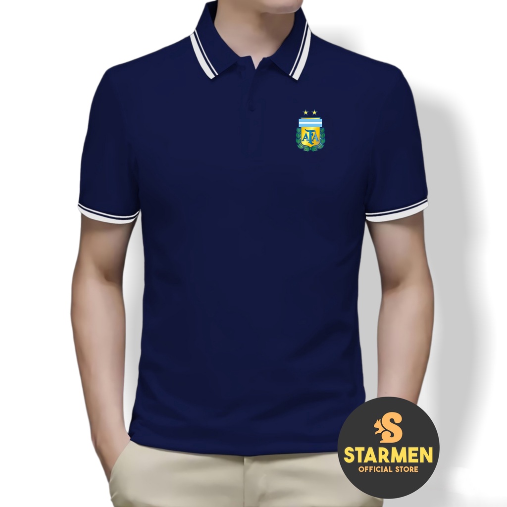 Kaos Polo Shirt Pria Kerah List Putih logo ARGENTINA