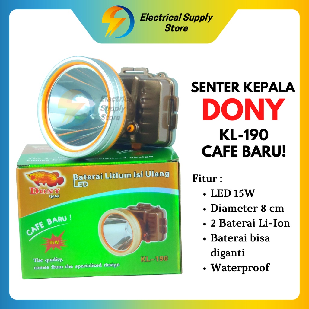 SENTER KEPALA DONY KL-190 | LED 15 W | TERANG | CAHAYA PUTIH &amp; KUNING | ANTI AIR | TAHAN LAMA