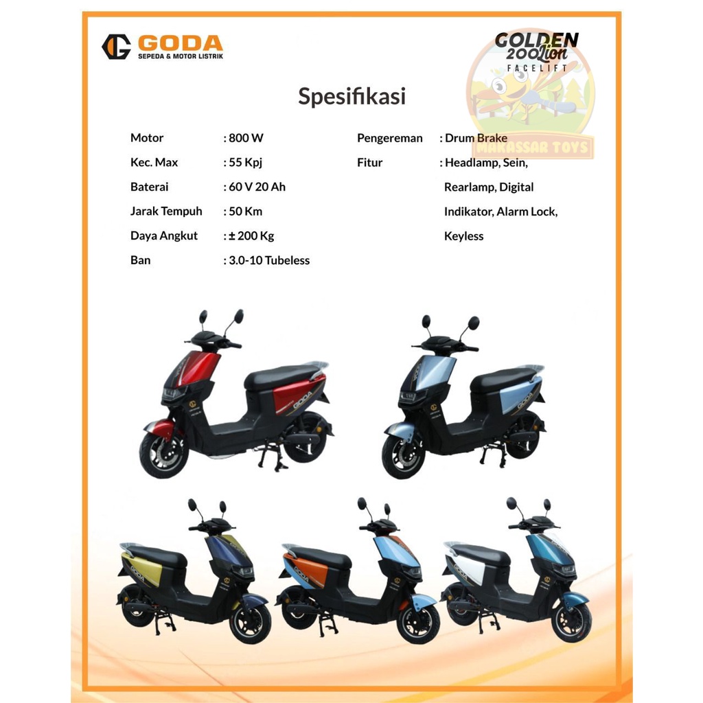 SEPEDA MOTOR LISTRIK GODA GOLDEN NEW LION 200 48V/20AH