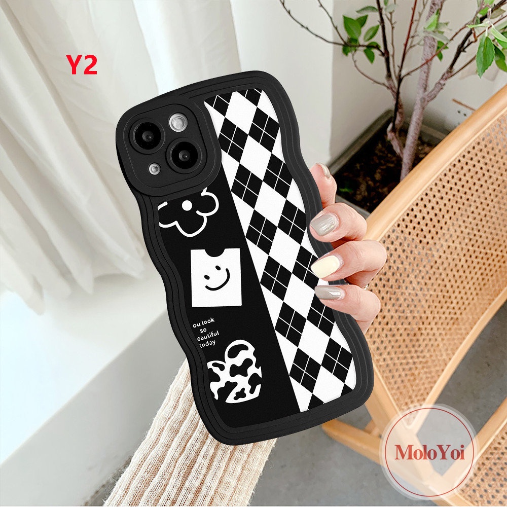 IPHONE Case Monster Kecil Kompatibel Untuk Iphone11 14 13 12 Pro Max 6 6s 8 7 Plus 14 Plus XR X XS Max SE 2020 Wavy Edge Kartun Diamond Grid Papan Catur Soft TPU Cover