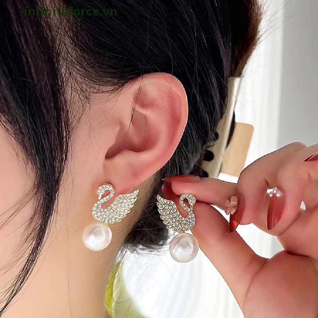 [INVN] 1pasang Imitasi Mutiara Swan Berlian Imitasi Ear Studs Perhiasan Wanita Anting Fashion Pesta Aksesoris Hadiah [VN]