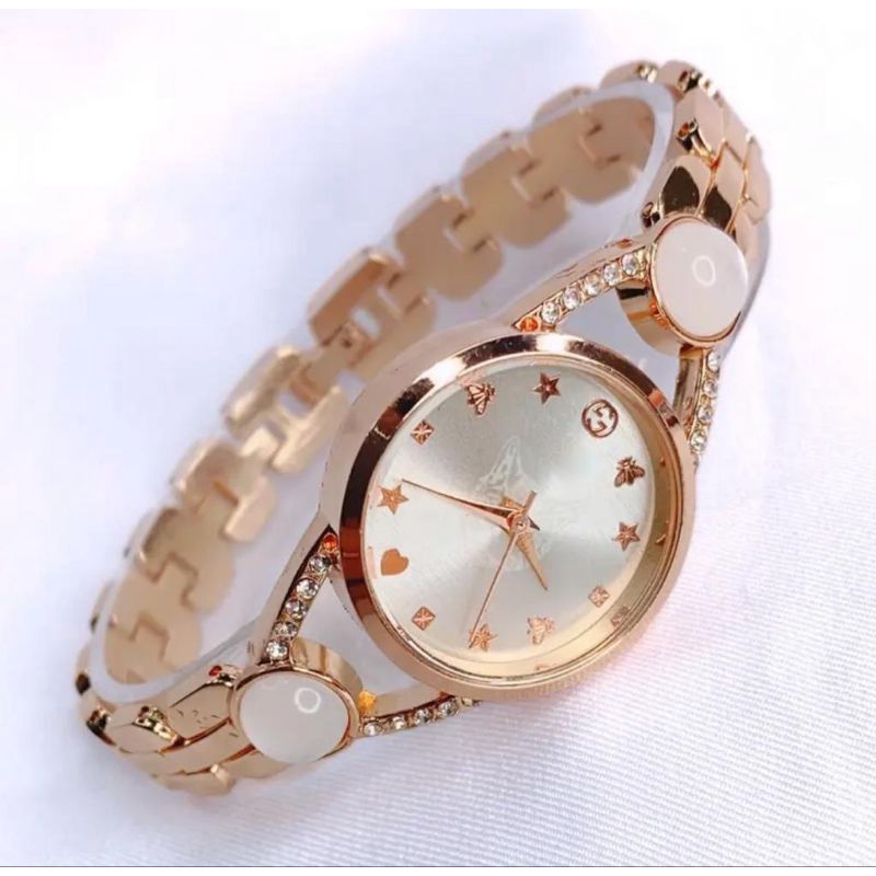 (Cod)Jam Tangan Wanita Fashion Batu Bulat Putih Jarum Strap Rantai/Stell(Dikirim Jakarta)