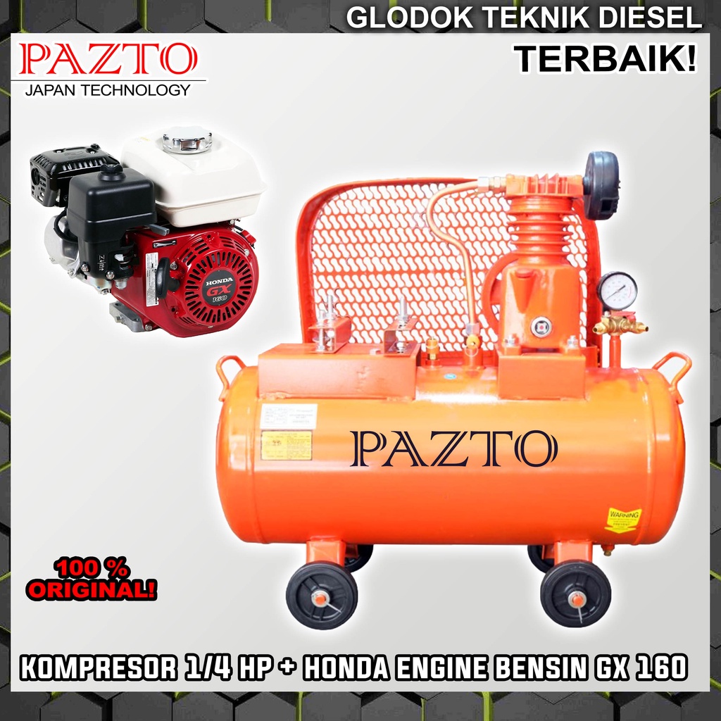 PAZTO Kompresor Angin 1/4 HP + HONDA Engine Bensin GX 160 5.5 HP ORIGINAL TERBAIK Air Compressor