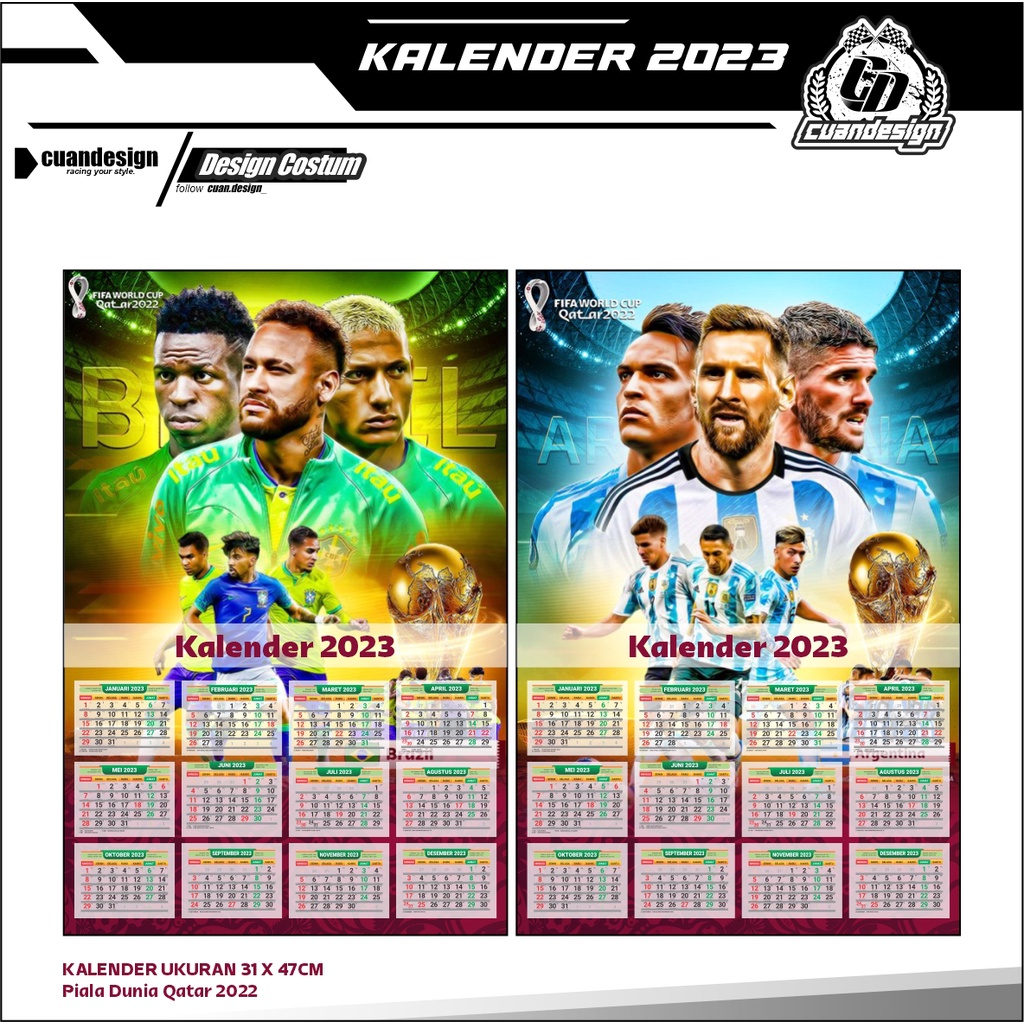 

POSTER KALENDER 2023 MOTIF NEGARA PIALA DUNIA 2022 QATAR UKURAN 32X48CM ARGENTINA / MESSI