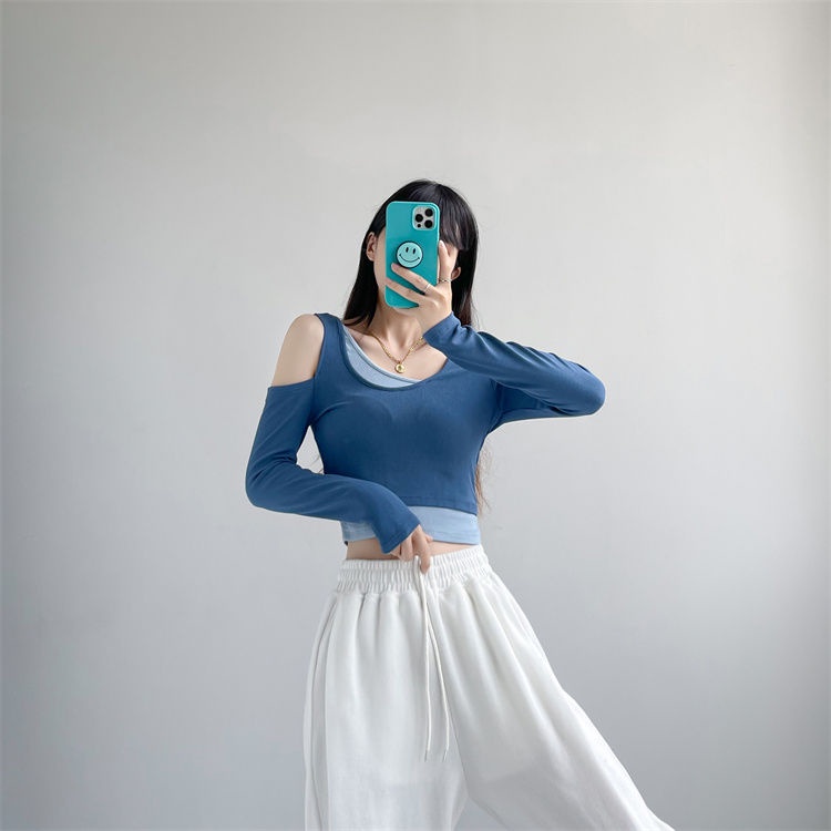 ♚۩Suhao Eropa dan Amerika berlapis off-the-shoulder palsu dua potong lengan panjang t-shirt wanita musim semi dan musim gugur rasa desain pendek kelompok wanita menari jazz ins top