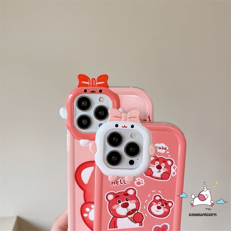 Oppo A95 A17 A15 A17K A3s A5s A57 A16 A12 A76 A55 A96 A54 A16K A7 A74 A77 A77s A53 A31 A5 A9 A52 Reno 57z A16E Kartun Strawberry Bear Manyo Lembut 3D Bow Little Monster Lens Case