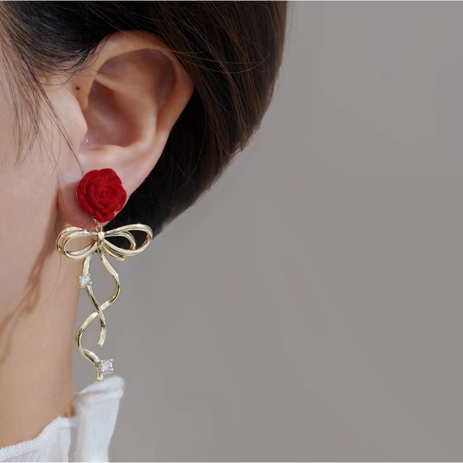 Korea Fashion925 Perak Jarum Stud Anting Merah Mawar Mekar Anting Wanita Perhiasan Pesta Pernikahan