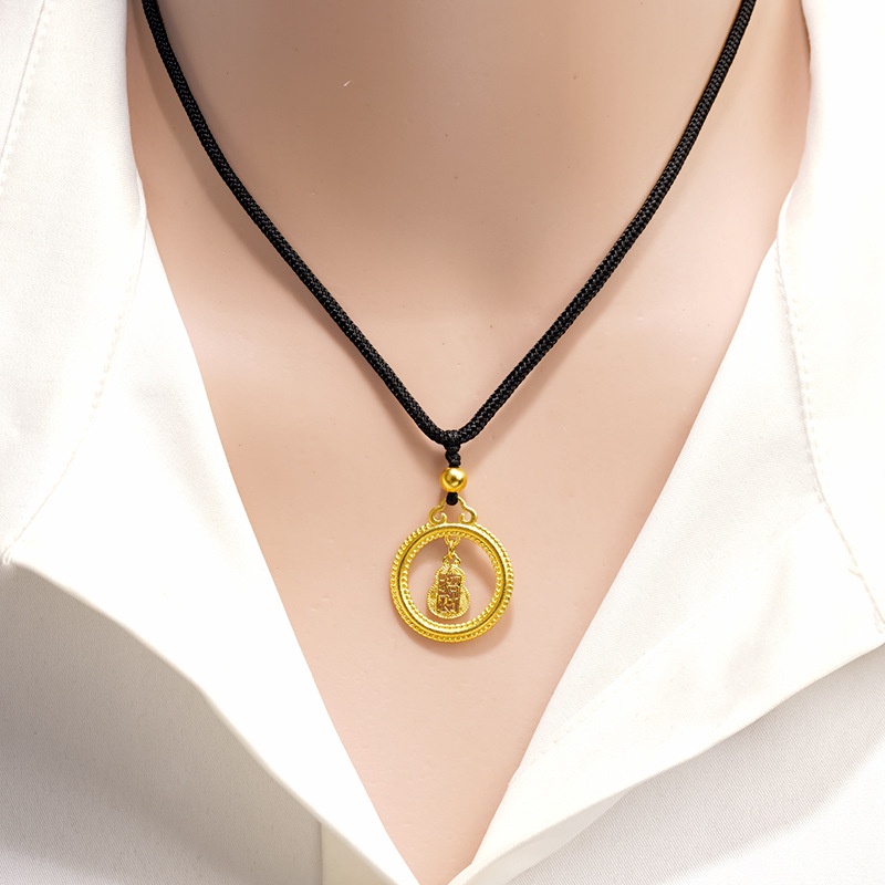 Goldkingdom Perhiasan Fashion Emas Asli Kadar 375Bangkok Aksesoris Ready Stock Lapis Emas Calabash Peace Cincin Kalung Wanita Bisa Tarik Adjustable Tali Hitam
