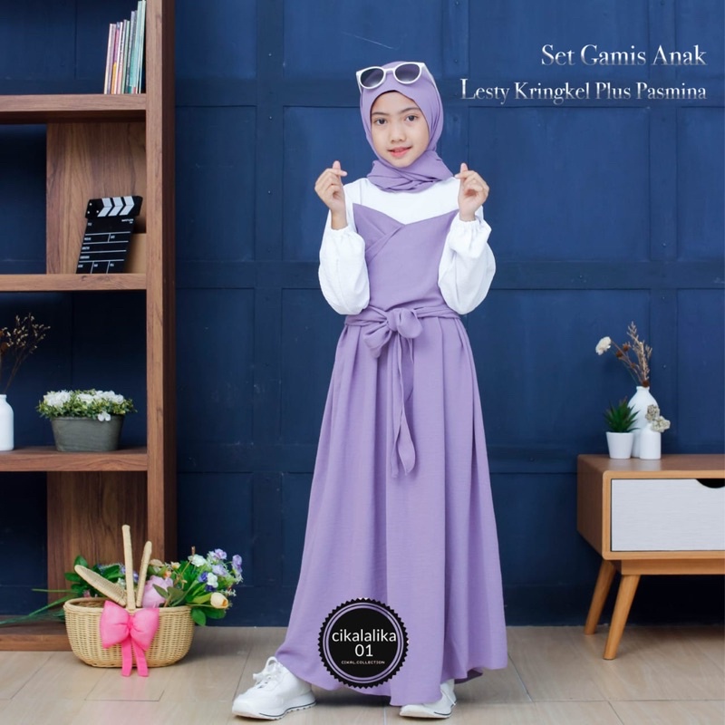 set gamis anak LESTY POLOS KRINGKEL pasmina