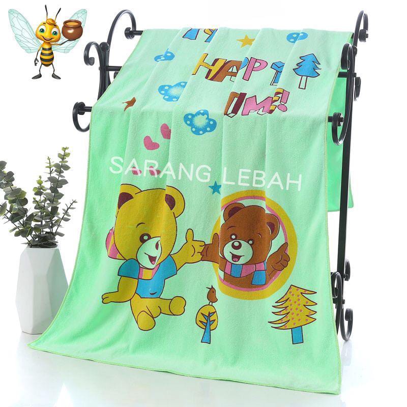 Handuk Mandi Baby Microfiber Murah / Towel Sarang Lebah Motif HAPPY TIME 60x120