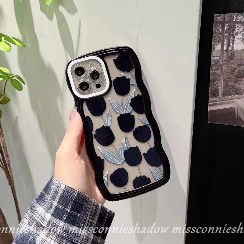 Case Kompatibel Untuk iPhone XR 11 Pro Max7 8 6s 6 Plus12 13 14 Pro Max14 Plus X XS MAX SE 2020gelombang Tepi Hitam Tulip Daun Hijau Silikon Lembut Back Phone Cover