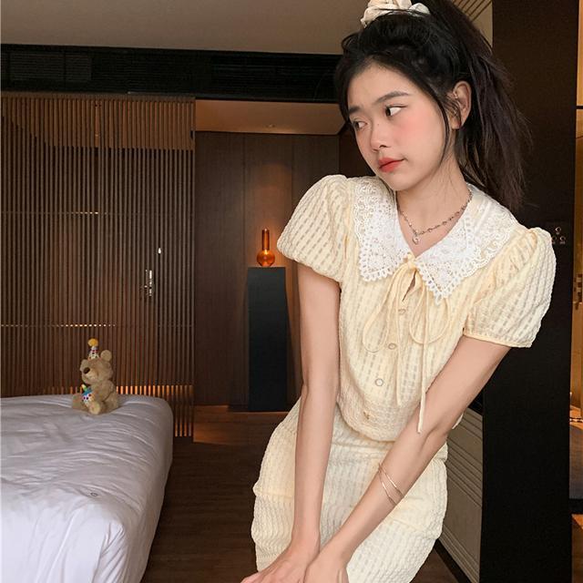 Suhao setelan dua potong Qianjin~Xiaoxiang setelan jaket kerah boneka lengan engah wafel + rok ramping dengan pinggul