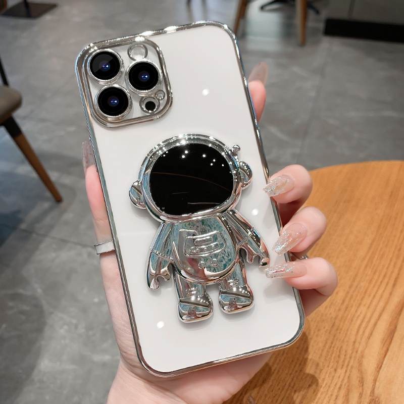 IPHONE Casing Astronot Electroplated Mewah Untuk Iphone11 12 13 14 Pro Max XS X XR 78 Plus Se2020 22 Sarung Kickstand Glitter Mini