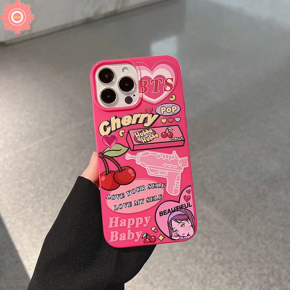 Case Compatible for IPhone 14 11 13 12 Pro Max XR 7 8 Plus X XS Max SE 2020 Candy Glossy Shockproof Protection Camera Ros Red Cartoon Label Cherry Soft Tpu Silicon Back Cover