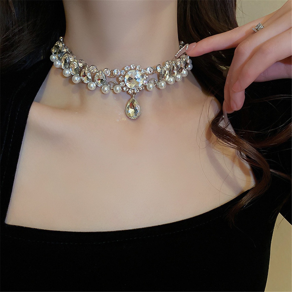 French Pearl Rhinstone Drop Chocker Kalung Untuk Wanita Tulang Selangka Rantai Kalung Pesta Perhiasan
