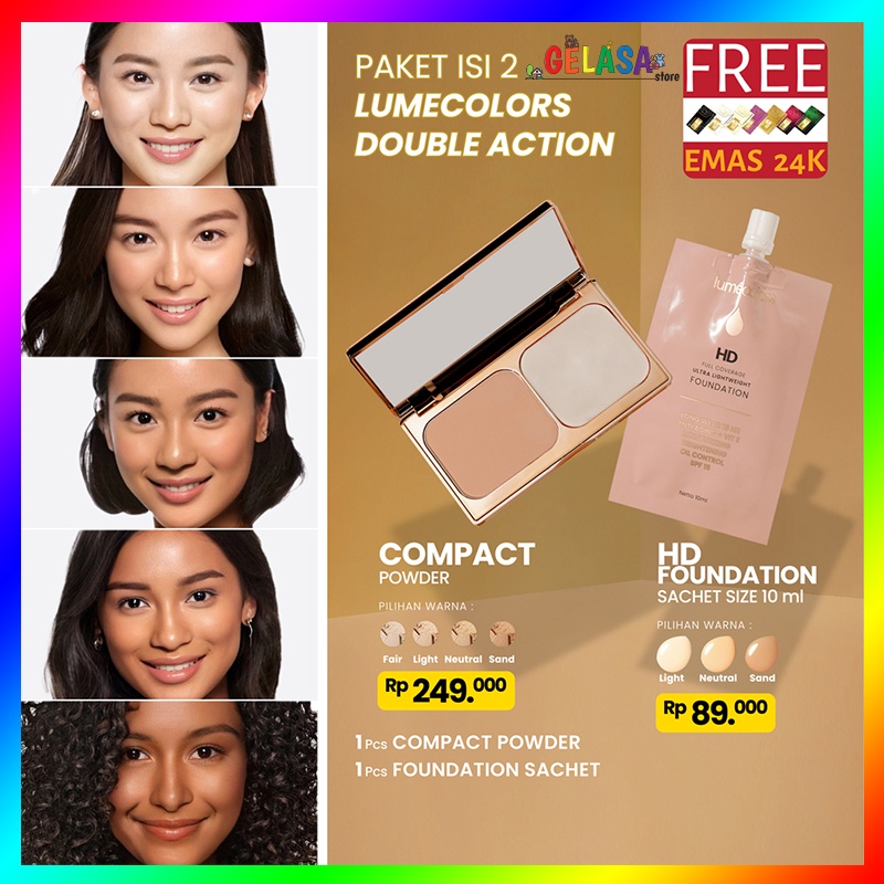 (Free Emas) Lumecolors Paket Bundling 2in1 Double Action Compact Powder + Sachet Foundation 10ml