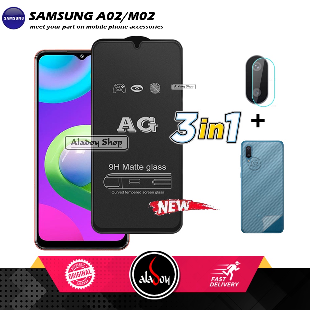 Paket 3IN1 Tempered Glass Layar Matte Anti Glare Samsung A02/M02 Free Tempered Glass Camera dan Skin Carbon