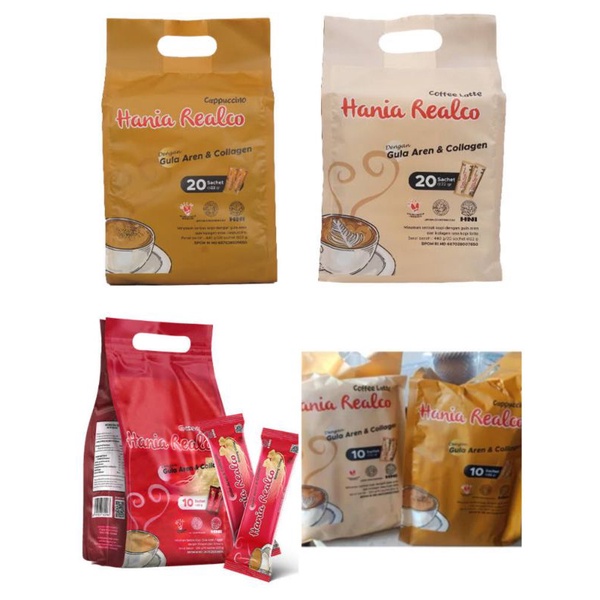 

Kopi Hania Realco with Collagen (Kecantikan & Kesehatan) Rasa Cappucinno, Coffe Latte, & Gingseng