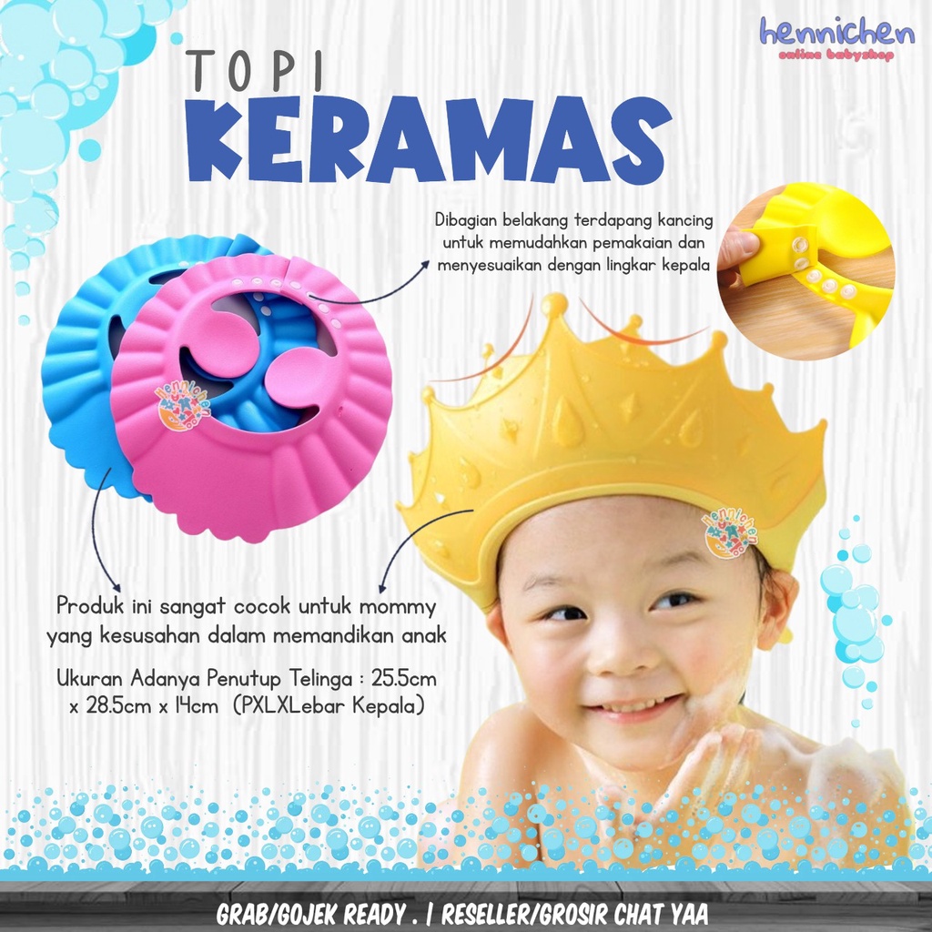 Penutup Kepala Mandi Anak Motif Baby Shower Cap Topi Keramas dengan Pelindung kuping Rambut / TOPI KERAMAS MAHKOTA