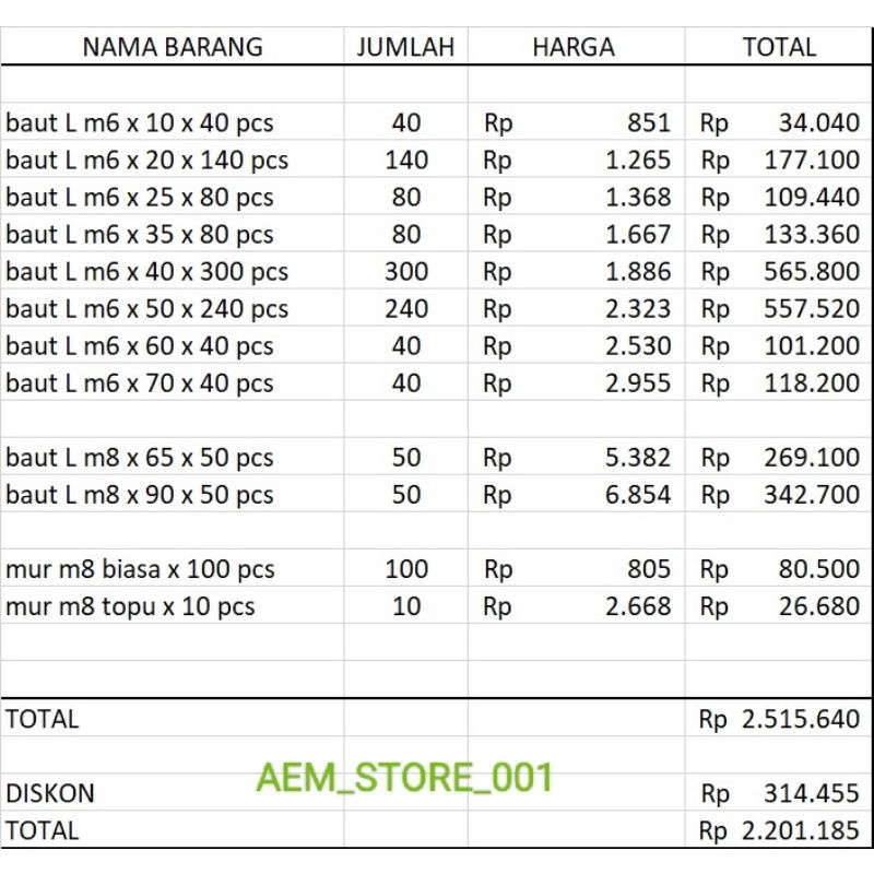 pesanan khusus Baut BAUT L STAINLESS